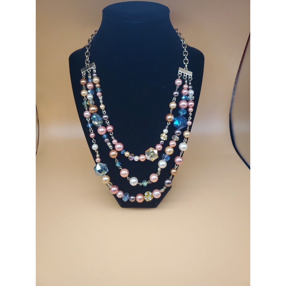 Pearl / Faux Pearl & Briolette Glass Necklace Triple Strand Multicolor Gold Tone